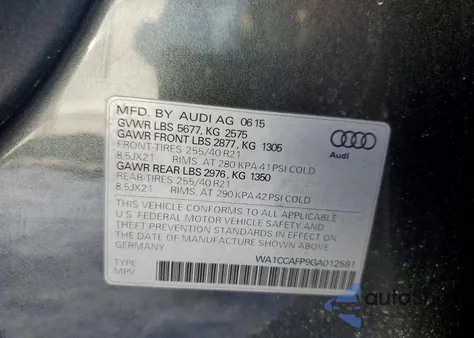 2016 Audi Sq5 Premium Plus z USA, uszkodzony, nr VIN WA1CCAFP9GA012581